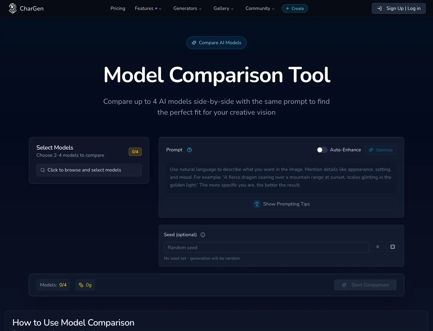 CharGen model comparison interface used to test the same fantasy prompt across multiple image models before committing to a battlemap style