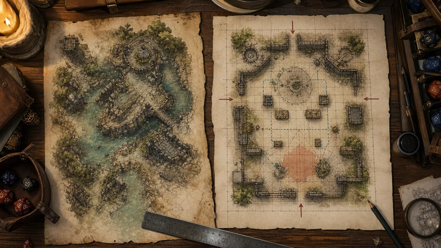 A D&D battlemap generator comparison board showing an unclear fantasy map beside a cleaner tactical map with readable cover, entrances, and grid planning