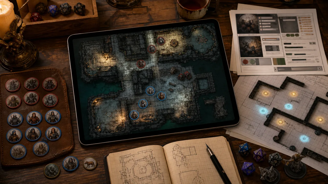 A practical D&D VTT handoff desk with a finished battlemap, circular tokens, grid notes, wall markers, light markers, dice, and scene setup panels
