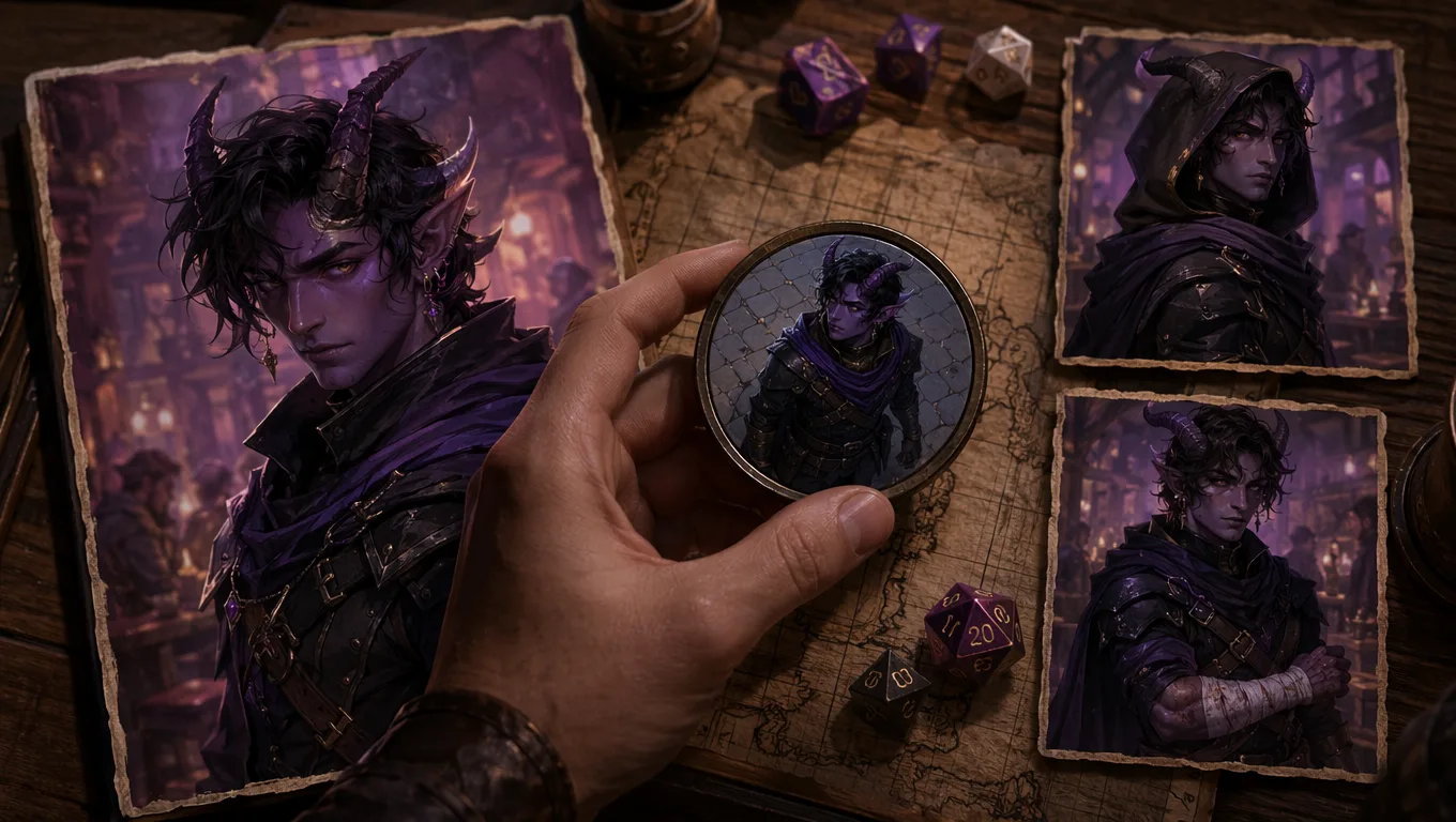 AI DnD character prompts workflow showing a consistent tiefling portrait, VTT token crop, and campaign state changes