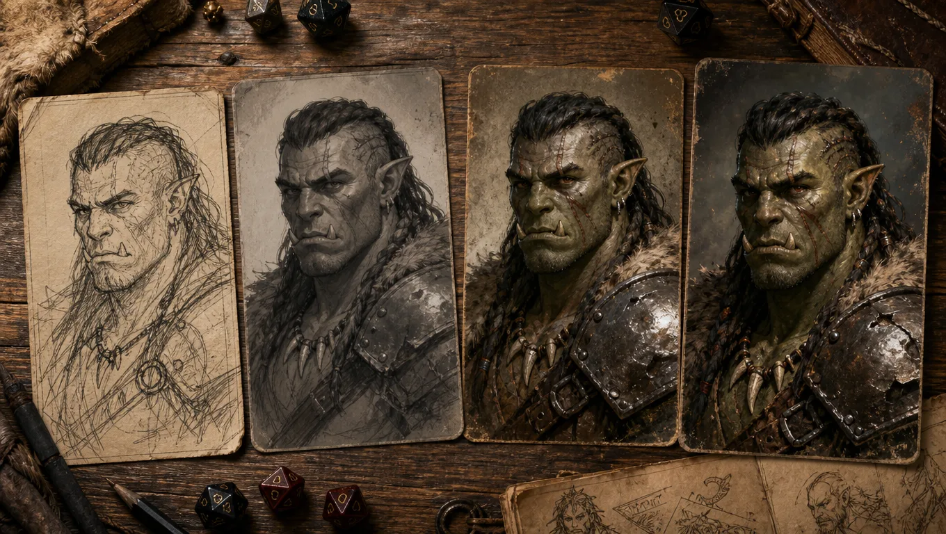 Four-stage prompt ladder showing the same half-orc barbarian improving from rough idea to detailed fantasy character art