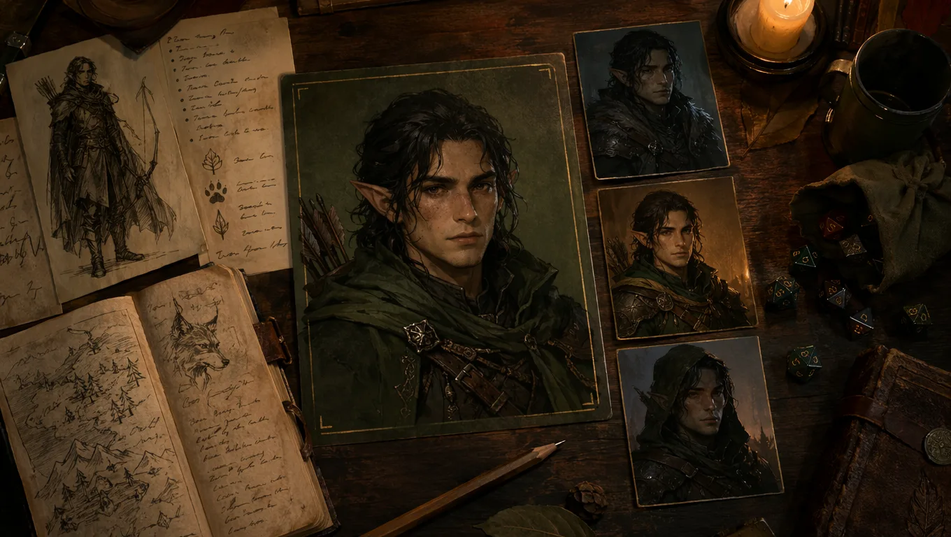 AI DnD character prompts reference card showing one consistent ranger portrait across several fantasy art variations