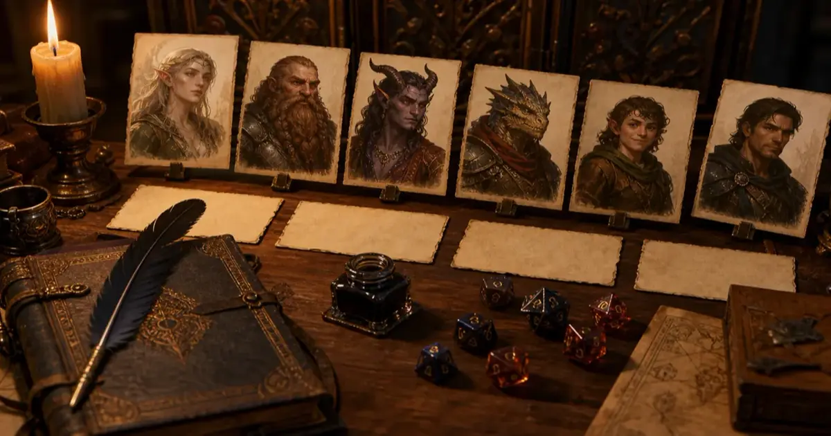 AI DnD name generator hero image showing fantasy name cards, dice, species portraits, and a campaign notebook on a Dungeon Master desk