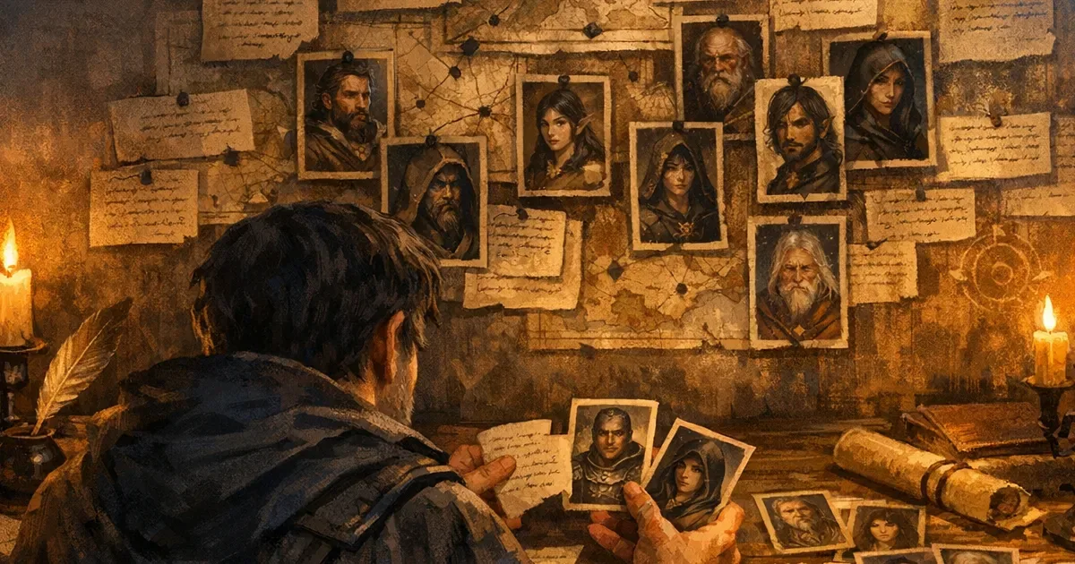 A Dungeon Master reviewing a wall of varied fantasy NPC portraits and notes for an August 2026 CharGen data study