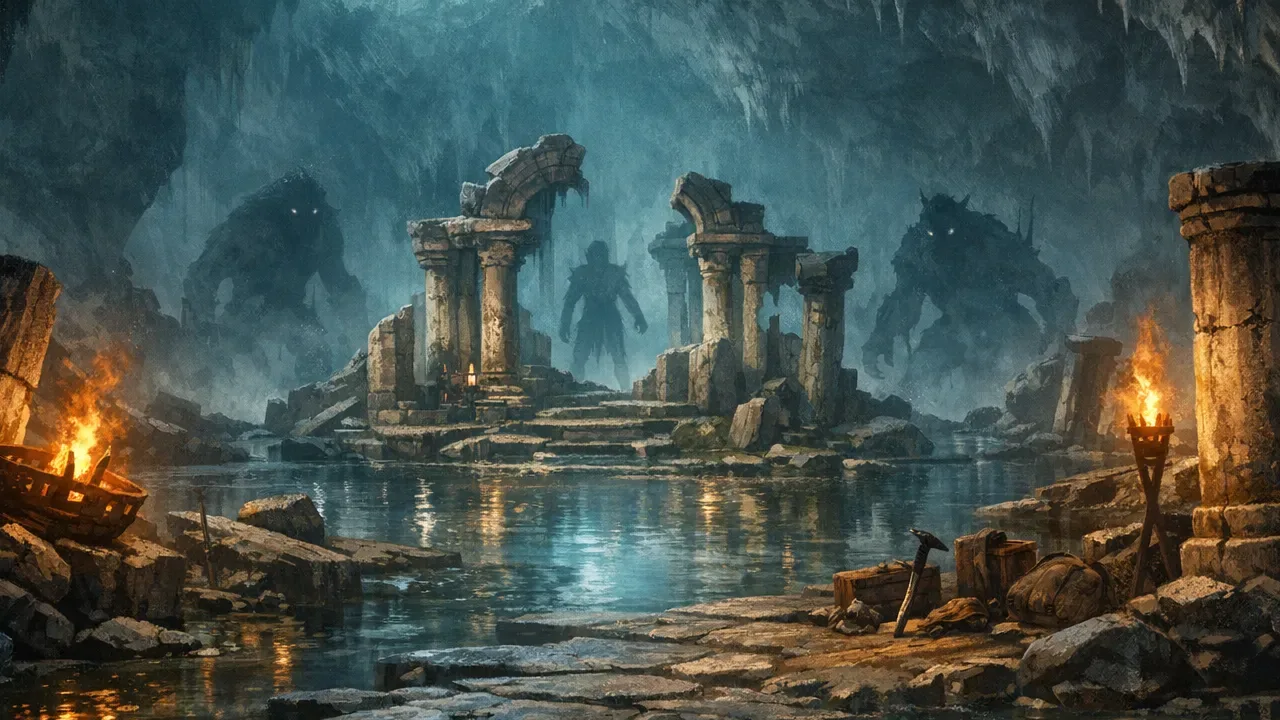 A dark cavern encounter with varied monster silhouettes and an ancient ruin, used as a visual for the August change in monster-type mix