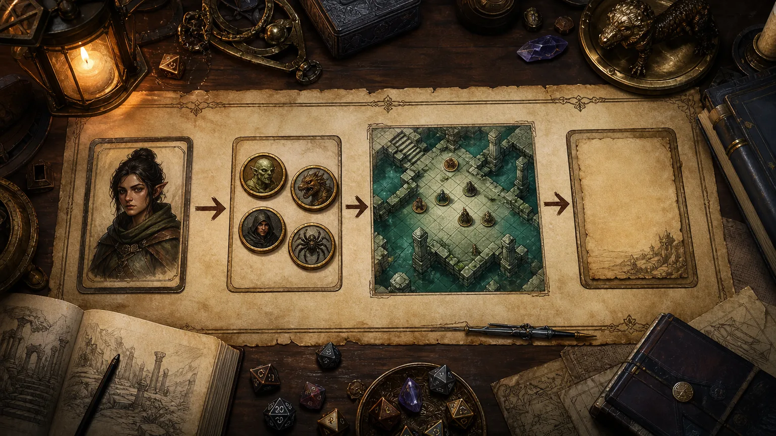 A visual 30-minute D&D session prep timeline with an NPC portrait, encounter tokens, a flooded temple battlemap, and a final notes card