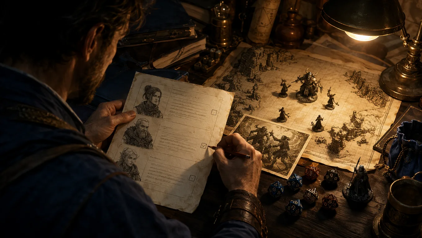 A Dungeon Master reviewing NPC notes, a battlemap, and encounter material before a session, showing human judgement after AI-assisted prep