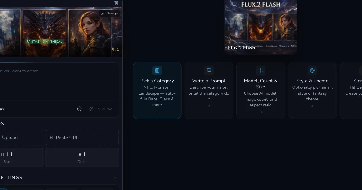 AI fantasy art generator CharGen interface showing the prompt box and fantasy RPG image tools for D&D art