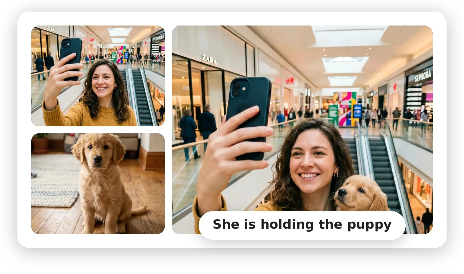 Selfie in a shopping mall merged with a golden retriever puppy into one photo of a woman holding the puppy