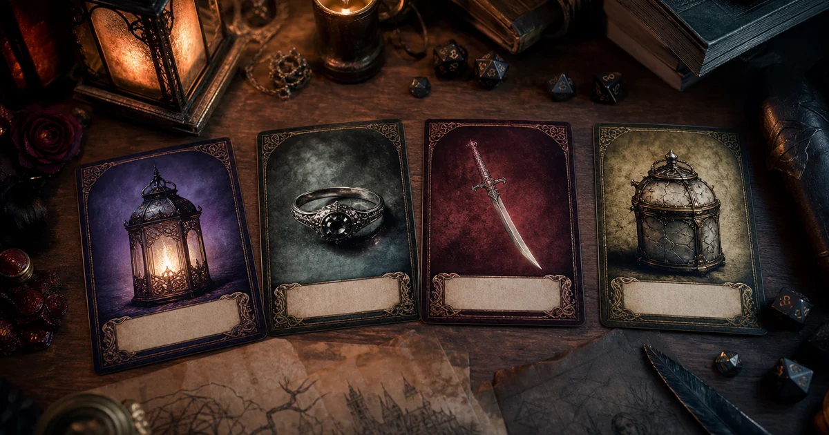 AI magic item generator hero image showing enchanted item cards, cursed relic notes, dice, and fantasy artefact art on a game master desk