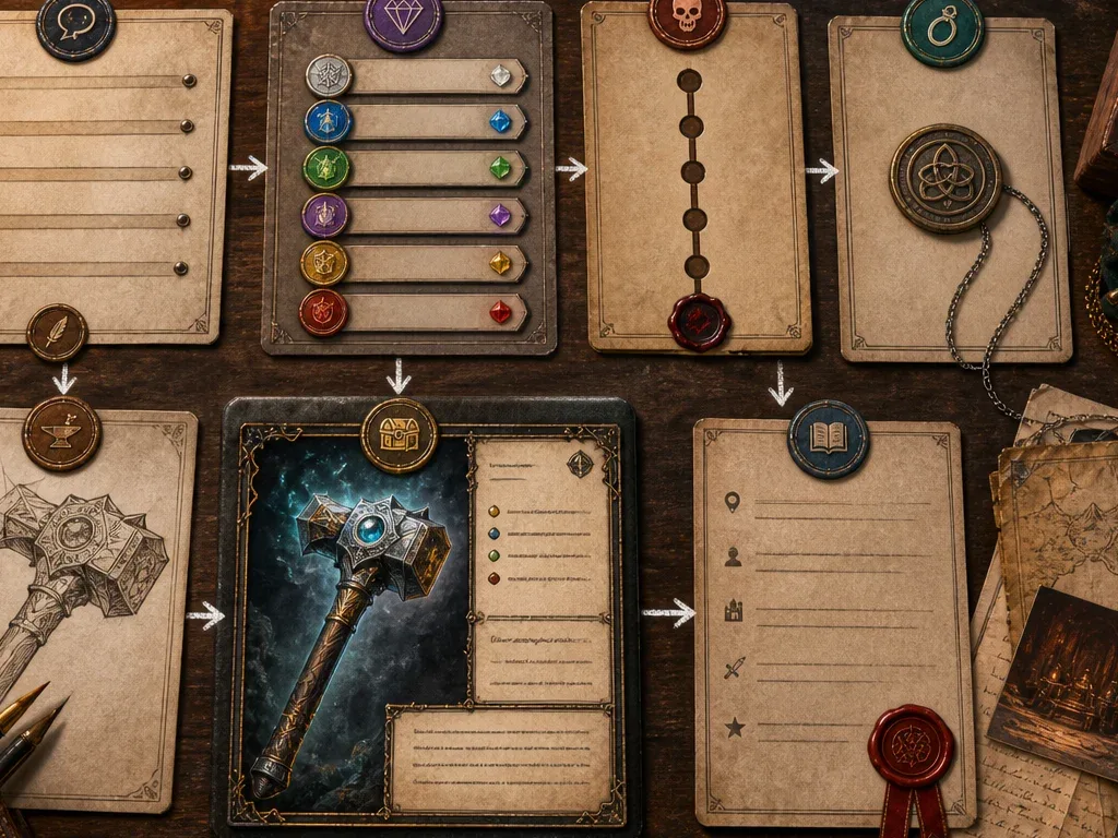 A cropped magic-item workflow board showing a player-facing relic card and a linked campaign record for a Dungeon Master