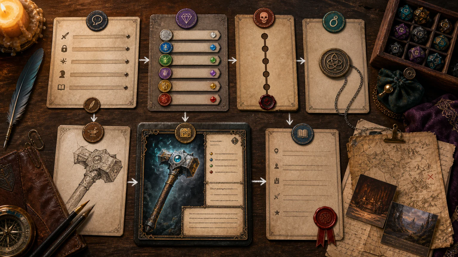 CharGen magic item generator workflow showing prompt fields, rarity, curse level, attunement, item card, and artwork handoff