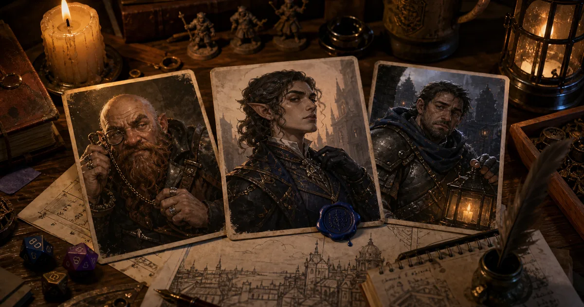 Dungeon Master desk with memorable AI-generated NPC portraits, campaign notes, dice, and candlelight