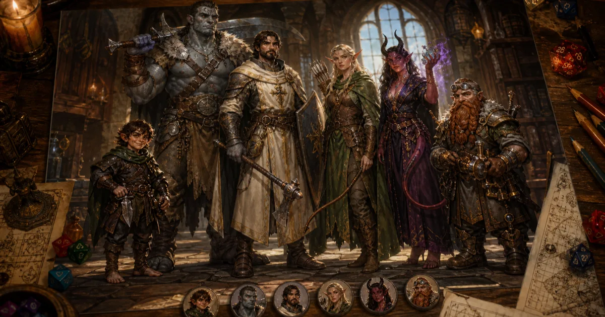 AI party portrait generator hero image showing a finished fantasy adventuring party portrait on a tabletop with dice and character sheets