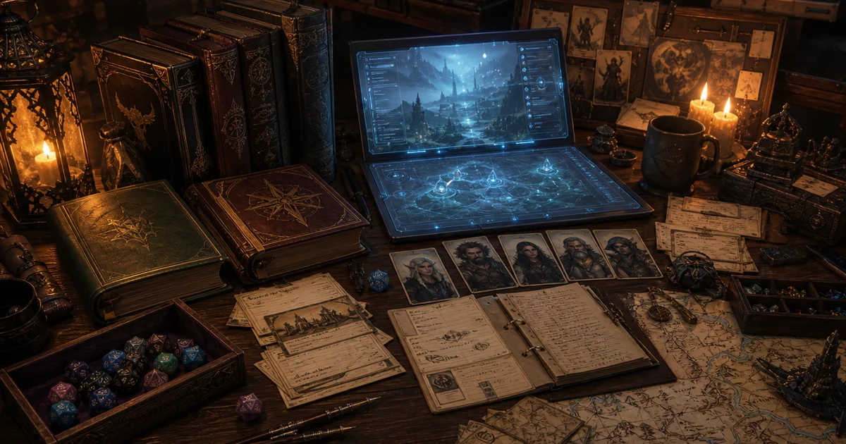 AI TTRPG tools hero image showing a game master desk with dice, rulebooks, NPC cards, map notes, and campaign planning assets