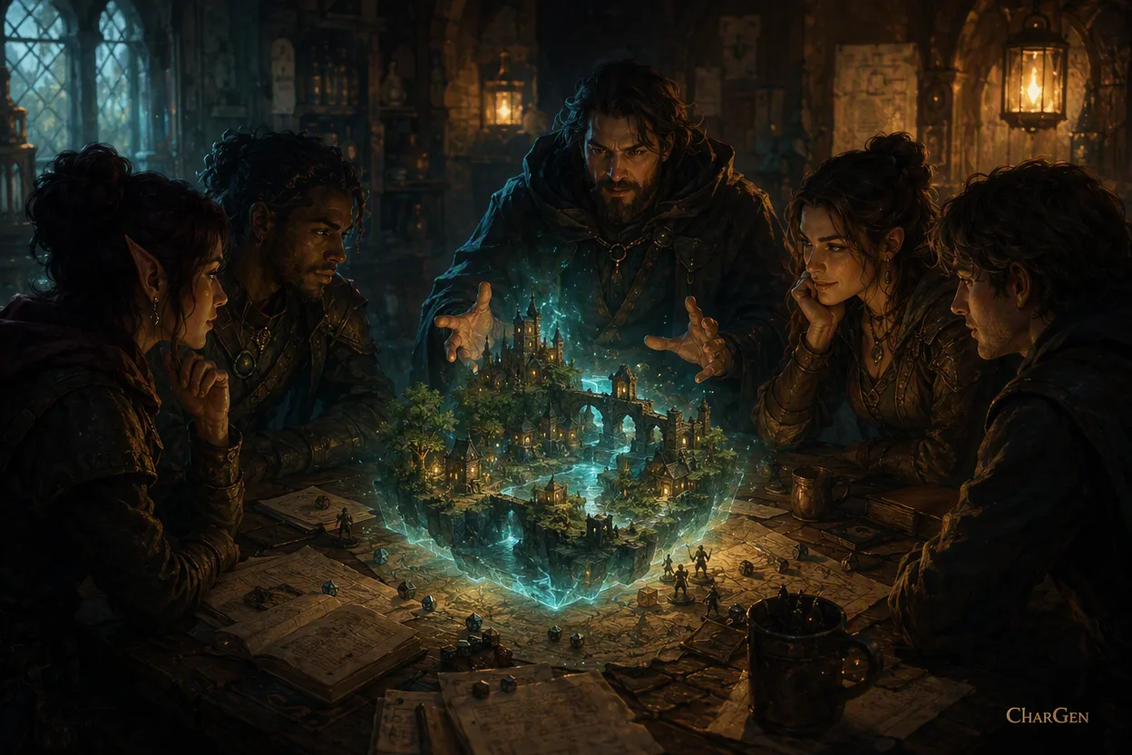 Adventurers and a dungeon master gathered around a glowing collaborative worldbuilding table