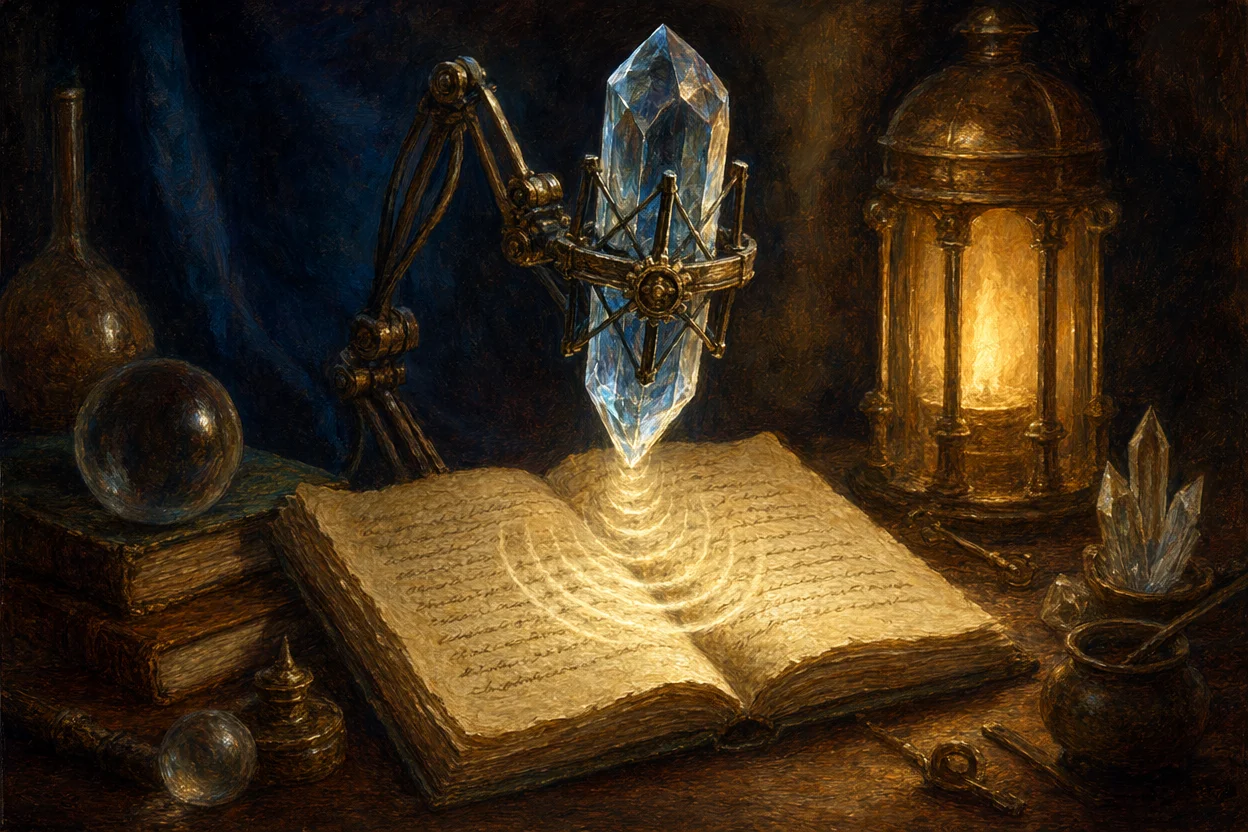 A floating crystal microphone hovering over an open parchment book, sound waves visible as glowing ripples flowing into the page and forming neatly written lines of script, brass gear-like ornaments around the crystal, lit by a warm desk lantern