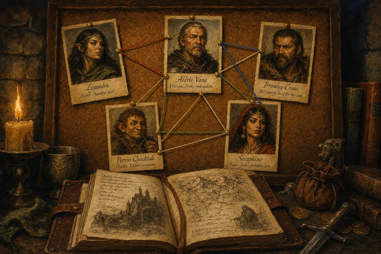 A campaign character roster pinned to a corkboard, five small painted portrait cards of NPCs labelled in calligraphy with names and one-line traits, coloured threads connecting them showing relationships, with a leather notebook open below