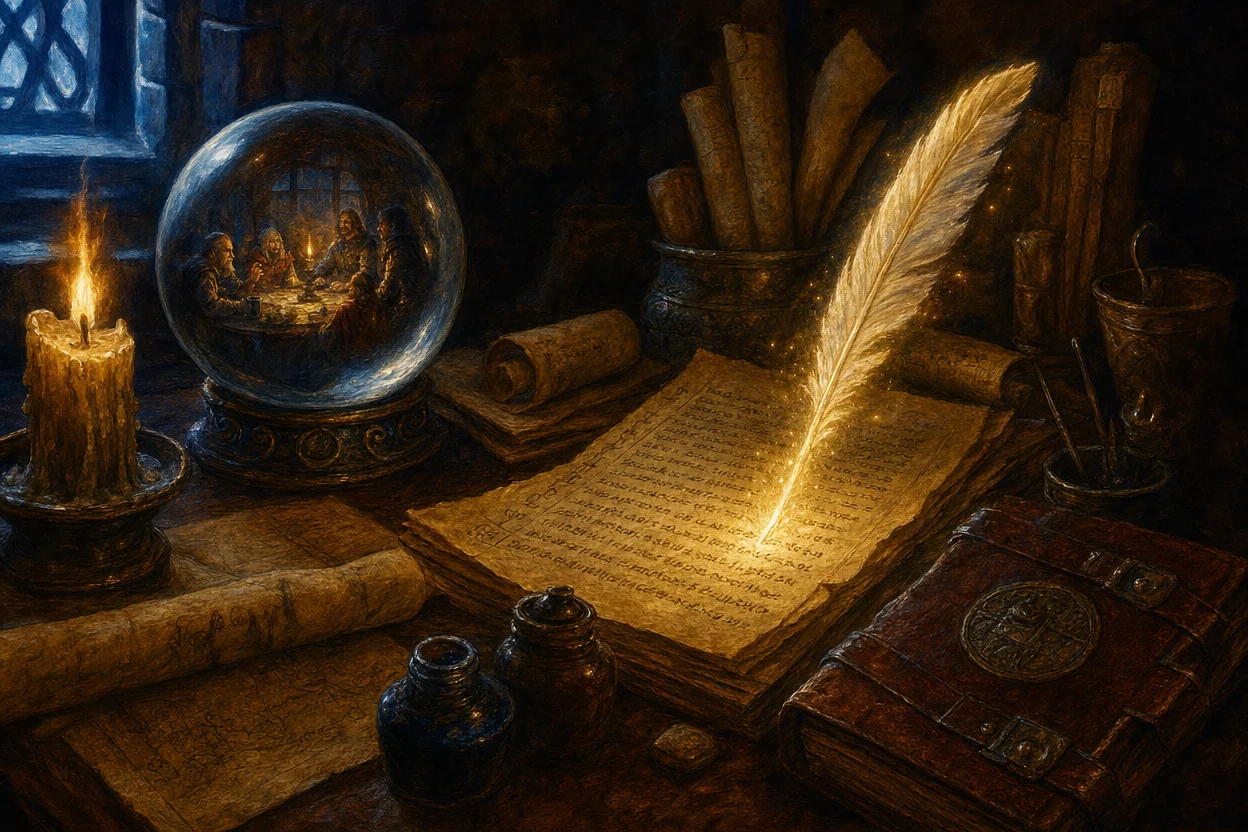 A magical scribe's desk, a glowing enchanted quill writes by itself across stacks of parchment, a crystal orb beside it showing adventurers around a tavern table, candle melting low, ink pots, and a leather-bound campaign journal