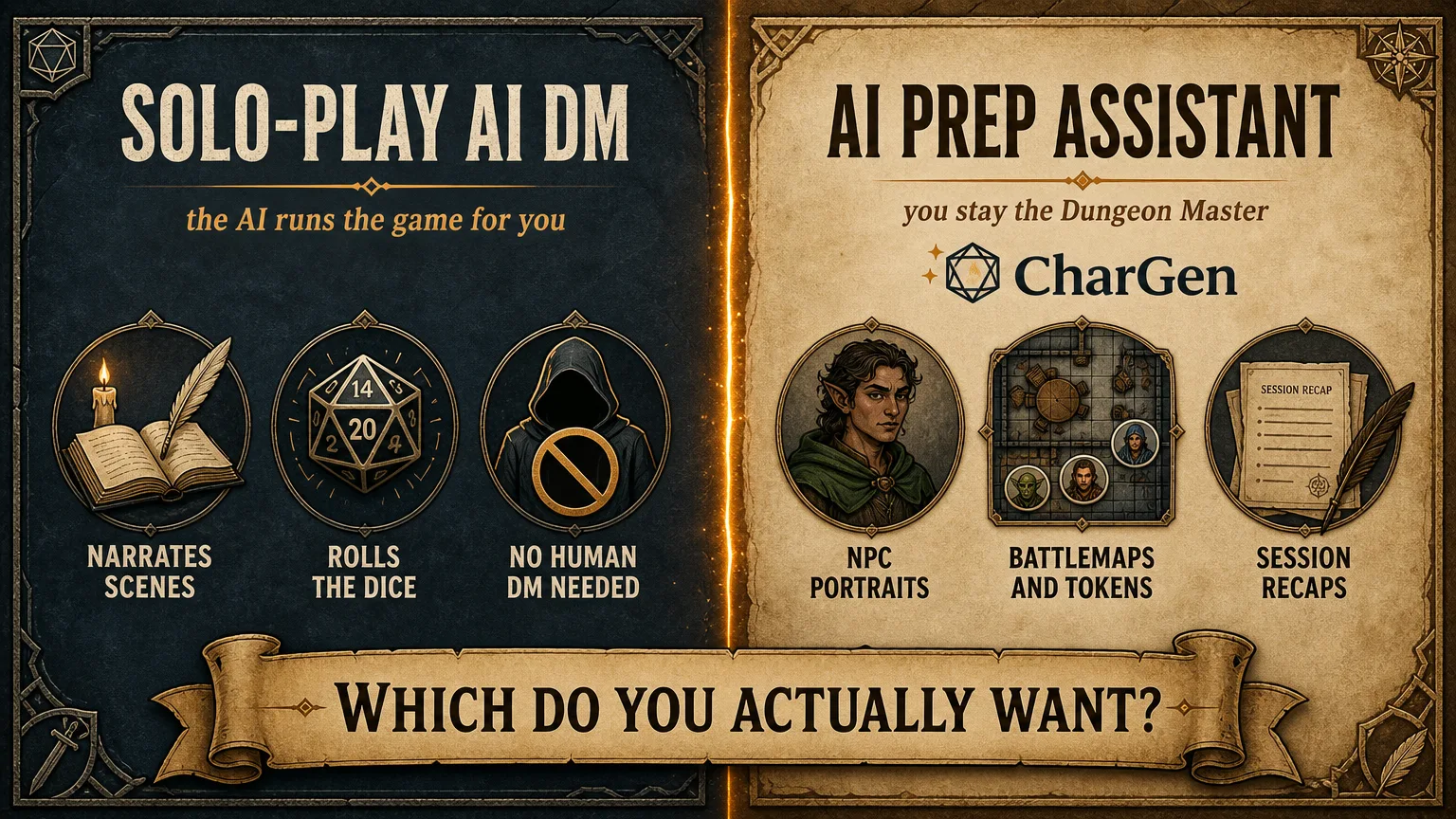 Comparison graphic contrasting a solo-play AI dungeon master that runs the game for you with an AI prep assistant like CharGen that keeps you in the DM chair