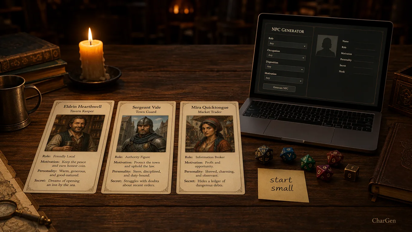Three simple starter NPC profile cards for a new dungeon master, a tavern keeper, a town guard, and a market trader, beside a laptop showing an ai npc generator free interface