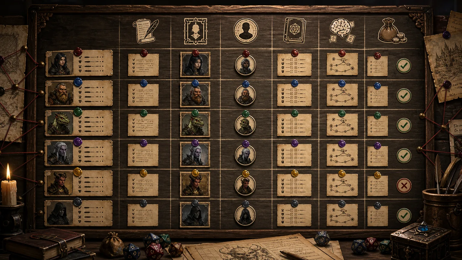Fantasy comparison board for best AI NPC generator tools showing profile, portrait, token, stat block, and campaign memory criteria