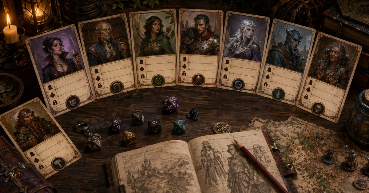 Best AI NPC generator hero image showing D&D NPC profile cards, portraits, tokens, dice, and campaign notes on a game master desk