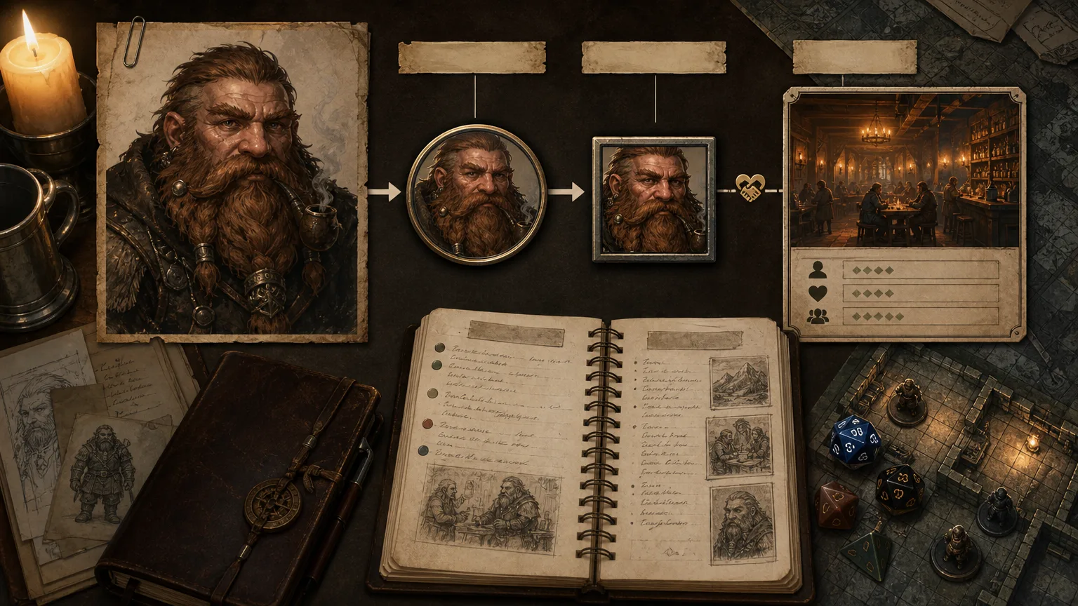 Fantasy NPC portrait transformed into VTT tokens and campaign memory notes with relationship links and session recap cards