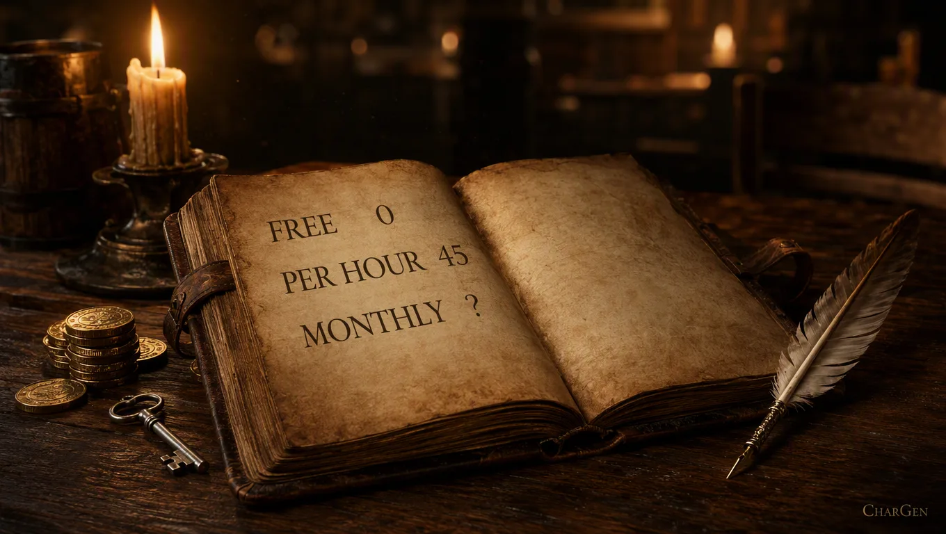 Tavern ledger open on a candlelit table showing free, per hour and monthly session costs