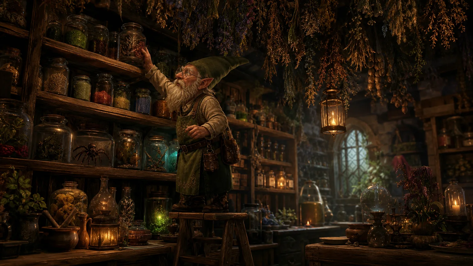 A fantasy herbalist and apothecary shop interior with hanging dried herbs and a gnome shopkeeper