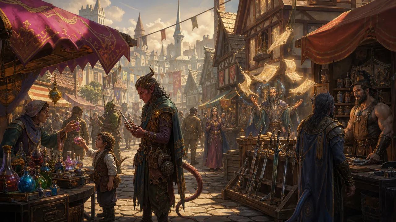A bustling fantasy marketplace street scene with multiple merchant stalls and diverse fantasy races shopping