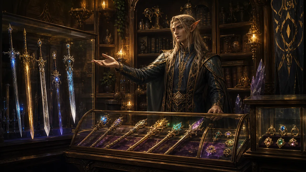 A fantasy magic item shop with glowing weapons in glass display cases and warm candlelight