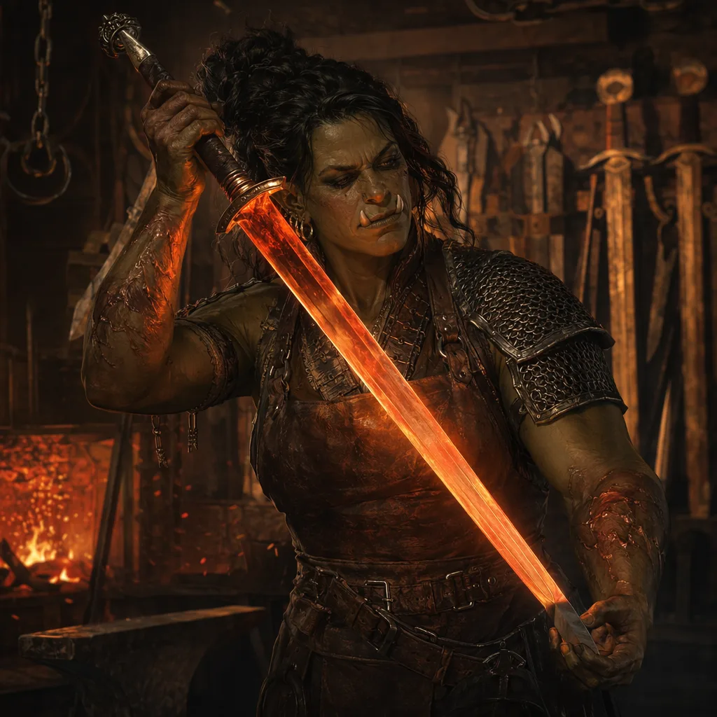 A close-up portrait of a grizzled half-orc blacksmith shopkeeper in a fantasy forge