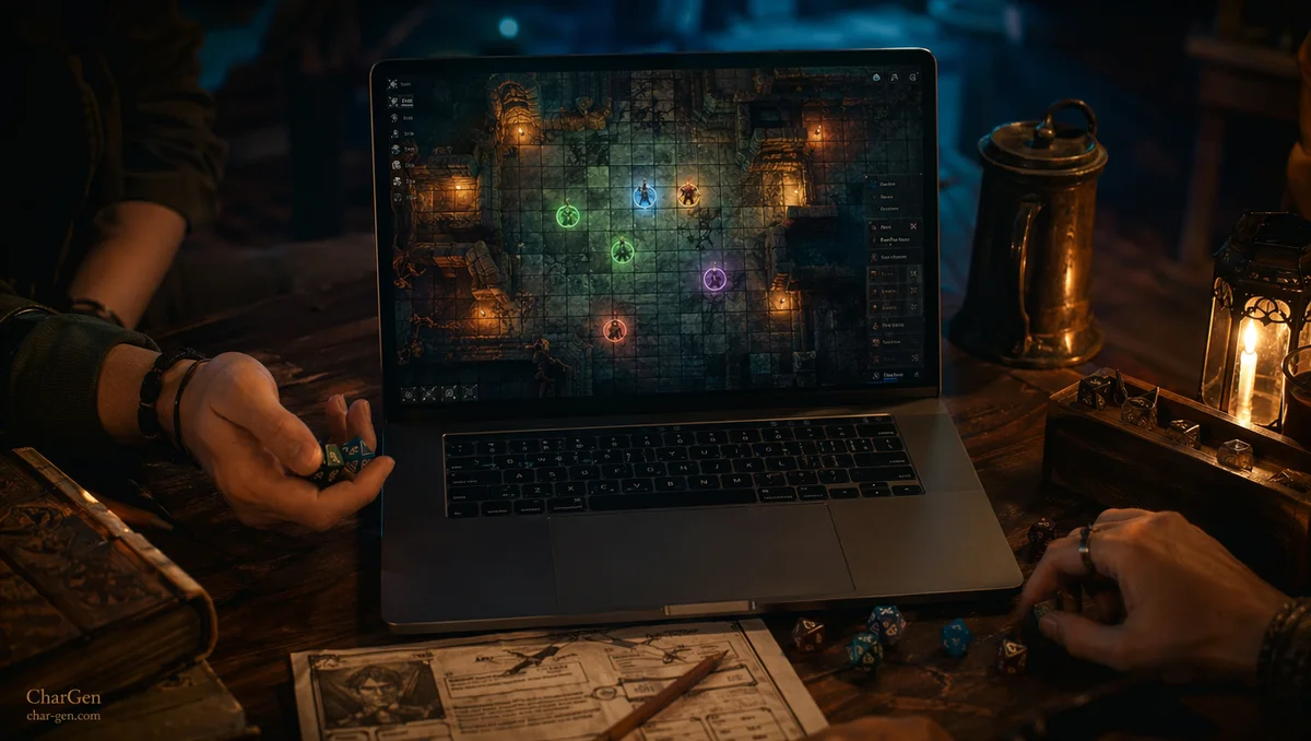 A laptop on a games table showing a top-down dungeon battlemap with a grid and glowing tokens, dice beside it