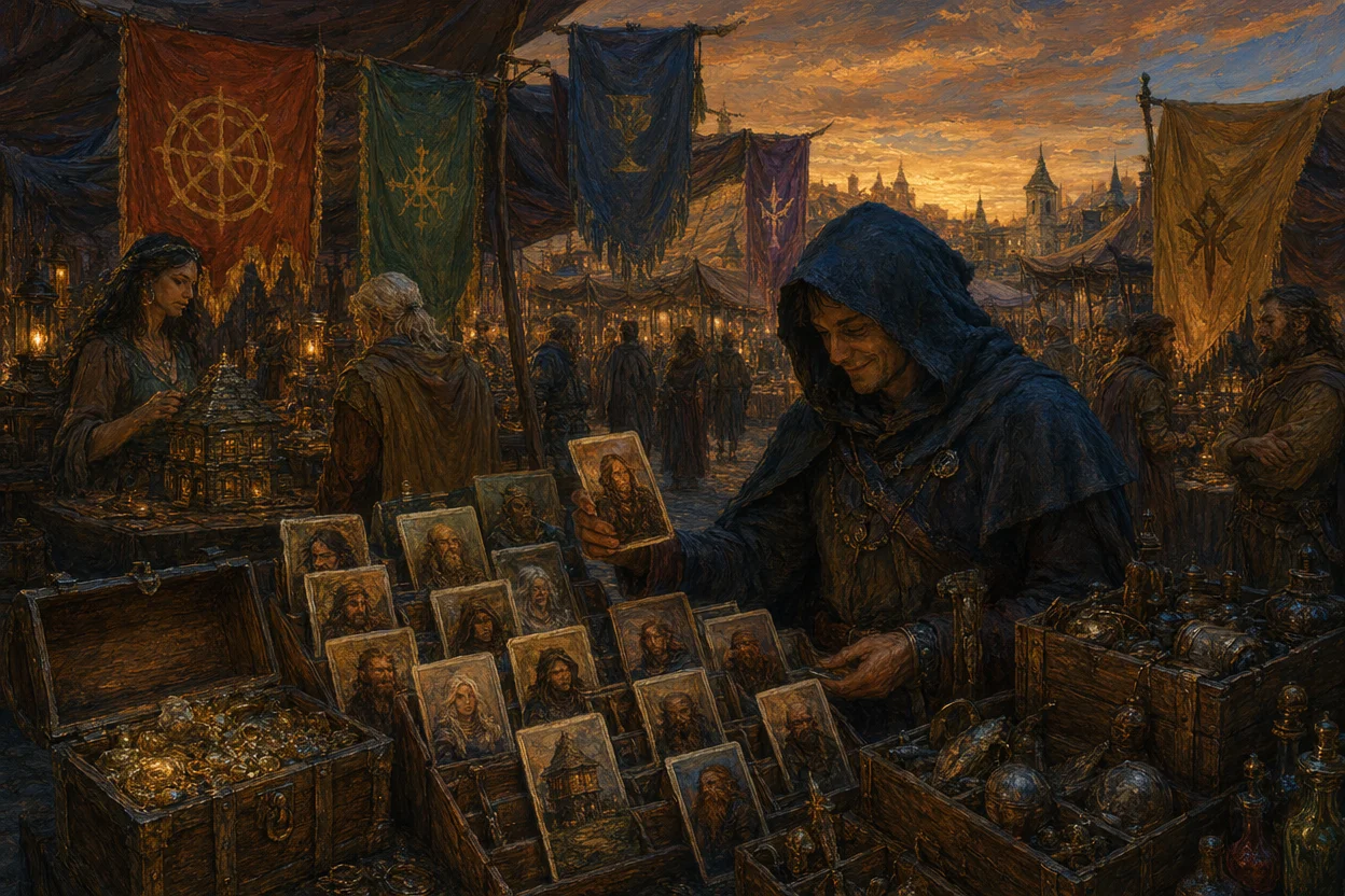 A free fantasy market square at dusk, open-air stalls offering NPCs as portrait cards, taverns as miniature buildings, shops as wooden crates of goods, loot chests, and banners declaring nothing-to-pay in rune script