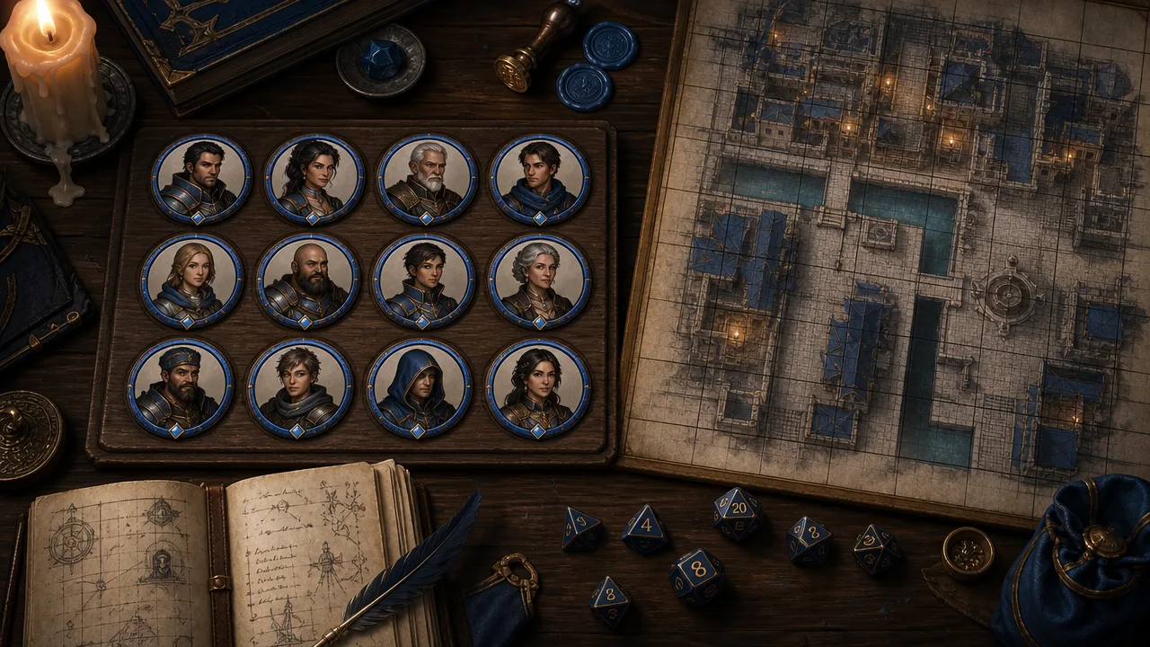 A batch of consistent NPC tokens with matching blue borders arranged beside a gridded fantasy city map for Roll20 and Foundry prep