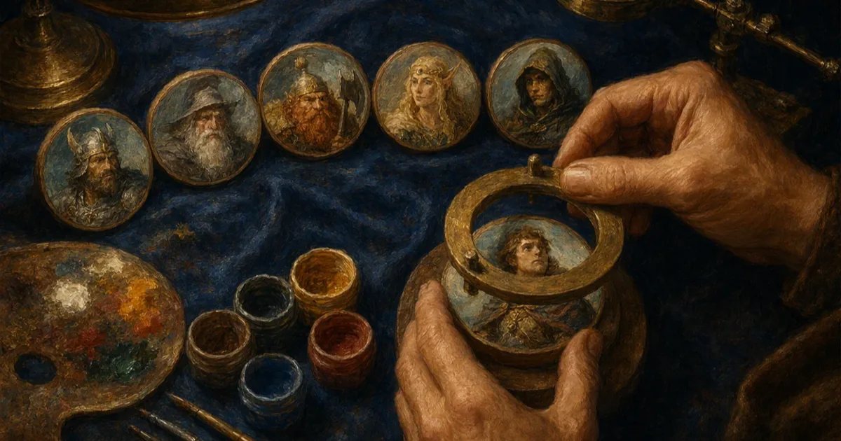A circular fantasy token foundry workbench, six round wooden tokens with painted character portraits arranged in a half-circle, a brass template ring being lowered onto a fresh portrait, paint pots, and a magnifying lens under warm focused lamplight