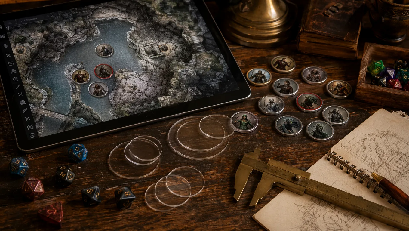 A free D&D token maker export checklist scene with circular tokens, transparent layers, dice, and a virtual tabletop map on a game master's desk