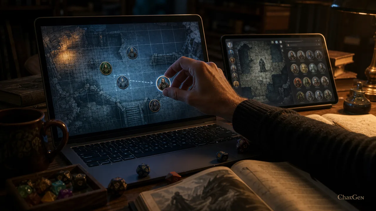 A dungeon master's laptop showing a virtual tabletop grid map with a circular fantasy token being dragged into place, a tablet beside it displaying a separate VTT token library panel, dice and an open rulebook on the desk