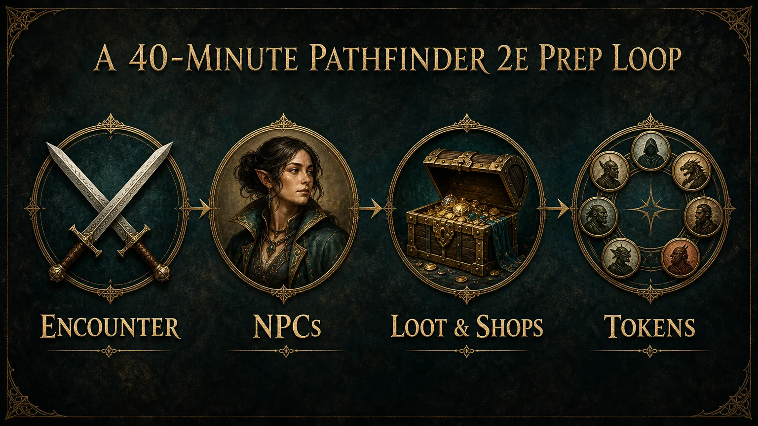 Four-step Pathfinder 2e prep workflow infographic showing encounter, NPCs, loot and shops, and tokens
