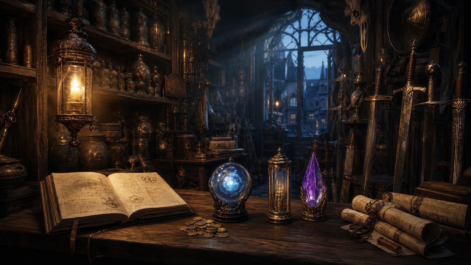 Interior of a fantasy curiosity shop at dusk with shelves of labelled jars, scrolls, blades, an open ledger and three magic items catching the lamplight