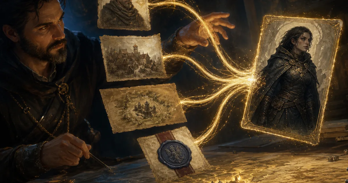 A Dungeon Master uses linked NPC cards, a settlement document, and a campaign map to guide a consistent D&D character generation