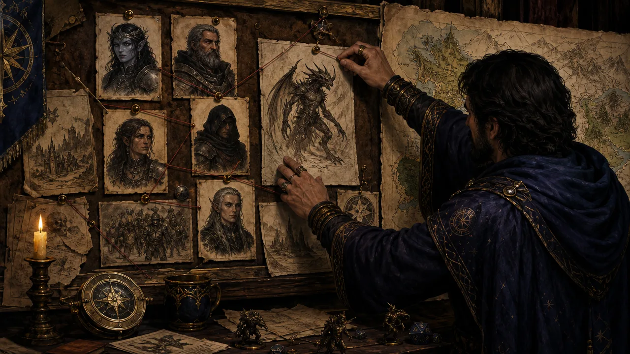 A Dungeon Master pins campaign lore beside NPC cards and a map so new D&D monster content stays consistent with established details