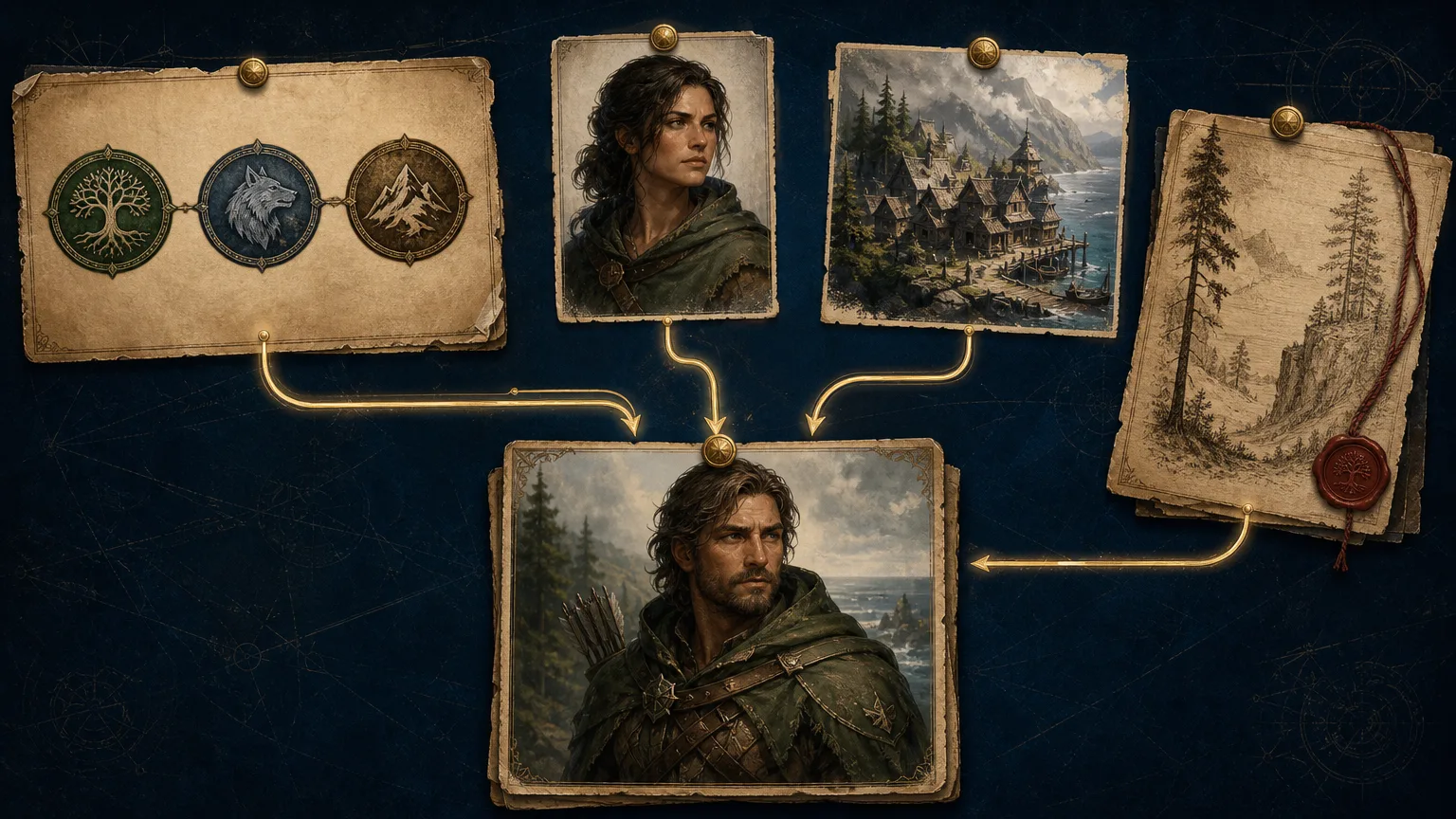 A campaign context workflow uses an NPC portrait, settlement marker, and pinned lore document to create a consistent D&D ranger