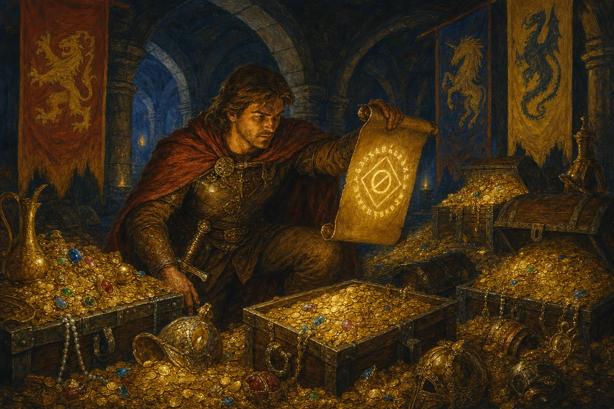 A treasure hoard hero scene in a vaulted dungeon, chests overflowing with gold coins and gemstones, an enchanted scroll showing a discount-rune sigil, fantasy market banners hanging from stone arches, lit by torchlight