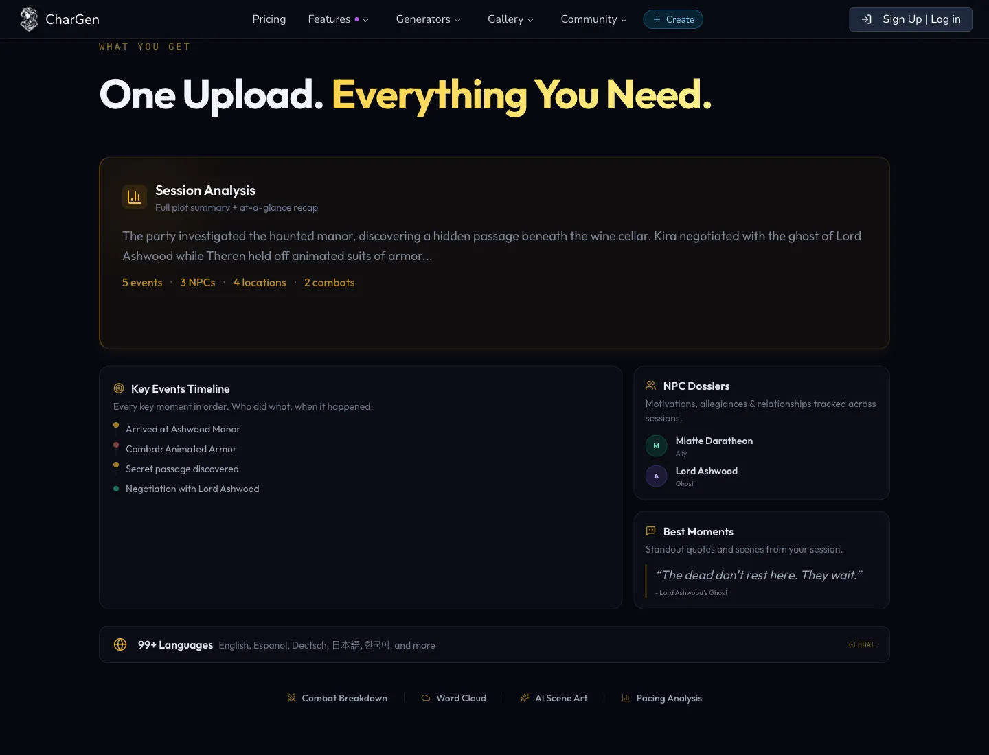 Session recap workspace linking events, entities, and follow-up hooks for the next session