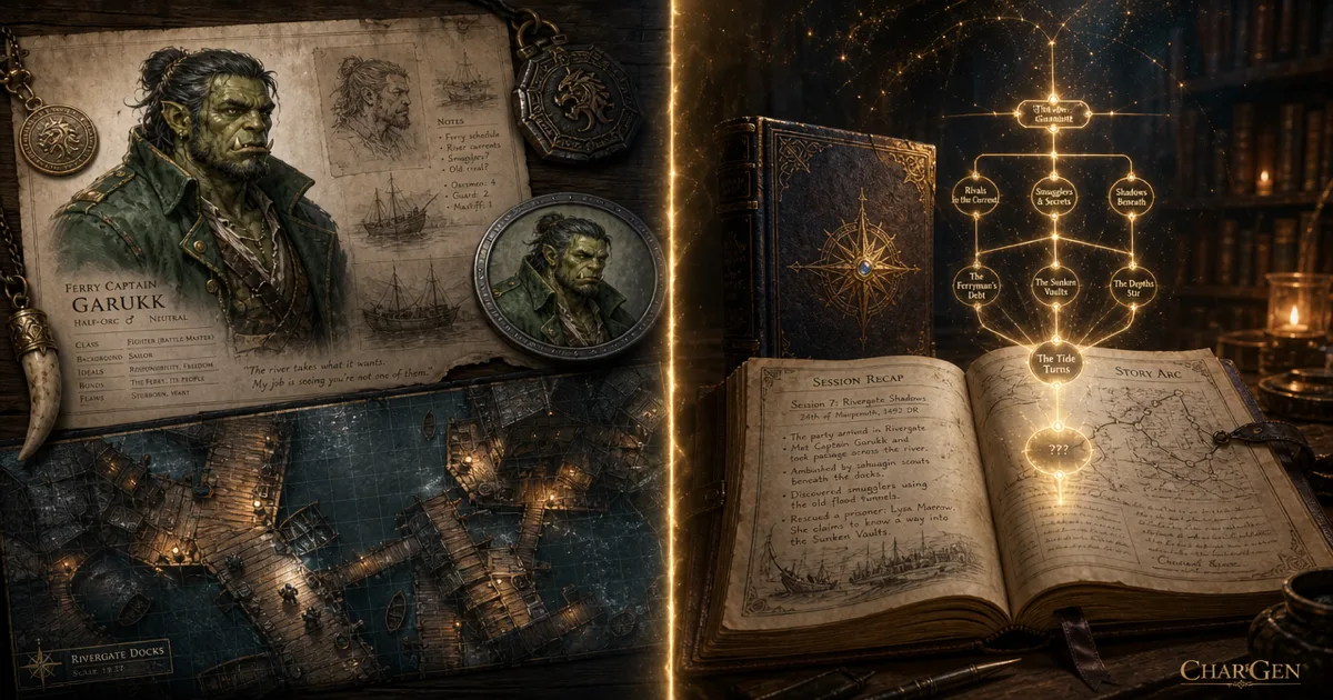 Split comparison of a D&D visual production suite with portraits, a VTT token, and a battlemap against a glowing campaign memory codex of session recaps