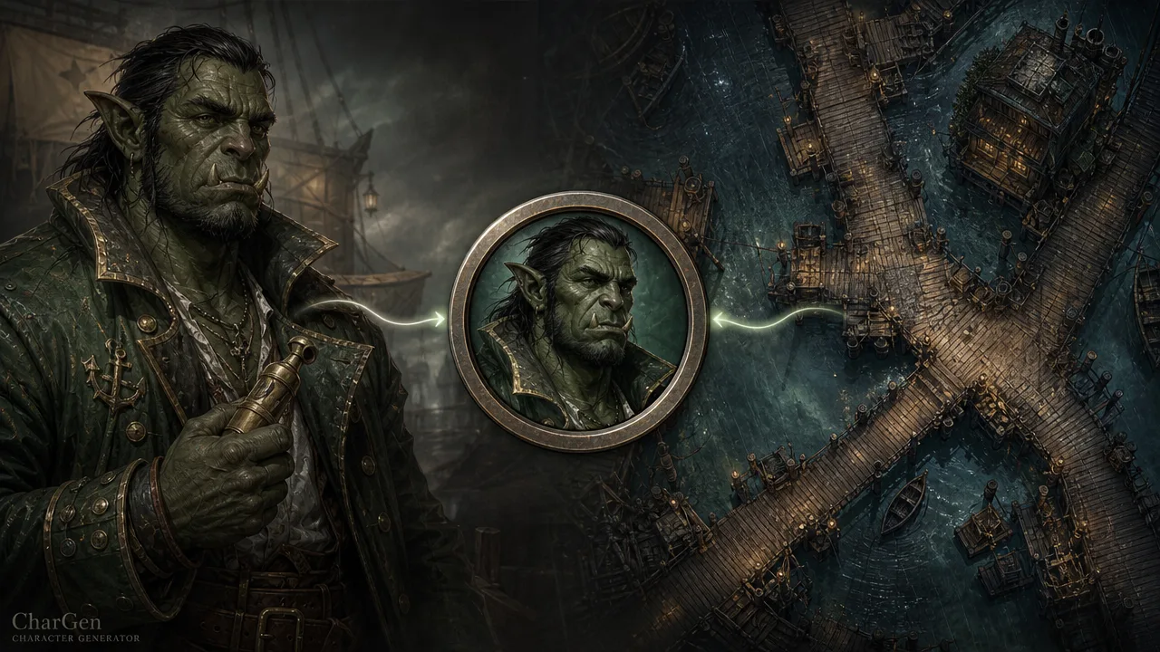 A fantasy portrait flowing into a circular VTT token and then a battlemap, the CharGen visual production pipeline for a D&D session