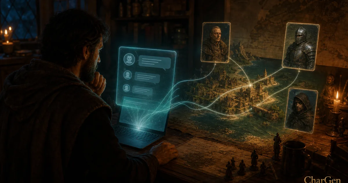 A Dungeon Master's laptop projecting a glowing AI assistant linked to a fantasy campaign map of connected character cards