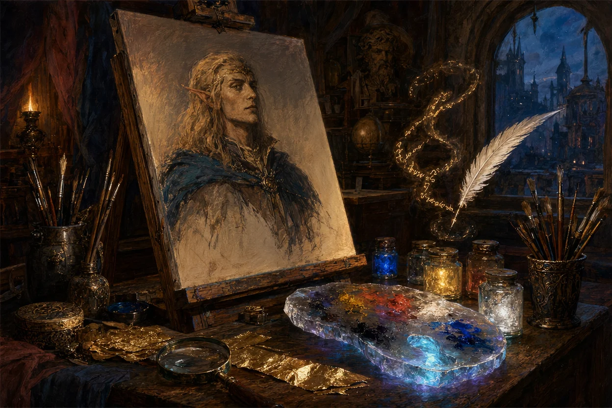 An artist's enchanted workbench in a wizard's atelier with a half-finished oil portrait on an easel, a glowing crystal palette, jars of luminous pigment, brushes, magnifying glass, and gold leaf strips